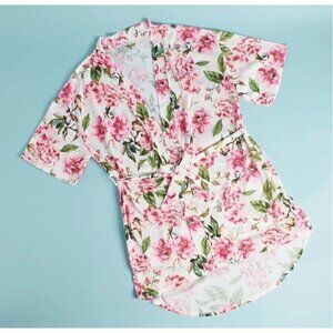 Show Me Your Mumu Sz OS Pink White Floral Print Belted Short Kimono Robe Womens